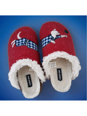 LAND'S END-CAT'S PAJAMAS-Red Felt Scuff Slippers-Cork Insoles Slides Size 9B